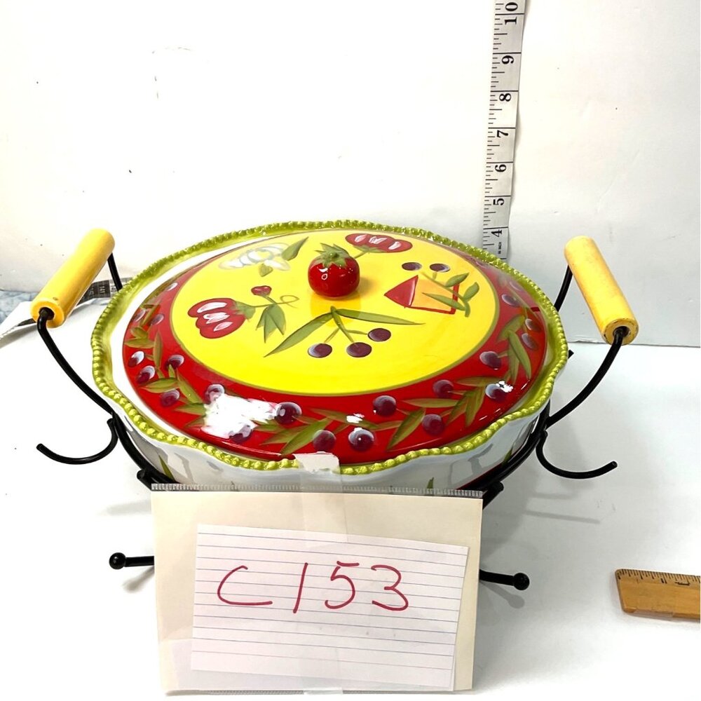 Temp-Tations Hand-Painted Ceramic Casserole Dish W/ Lid & Metal Holder 3 Qt C153
